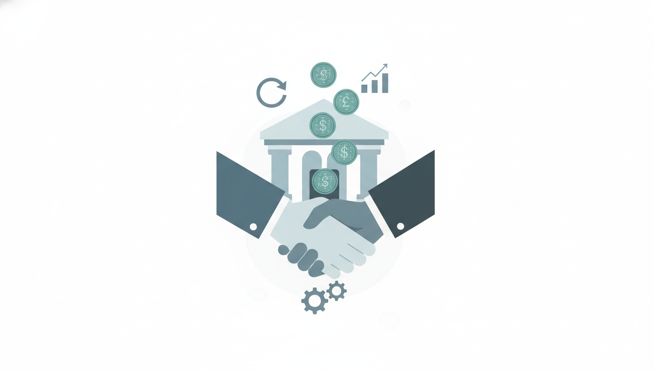 bank building with digital tokens two hands meeting in partnership branded coins emerging from vault