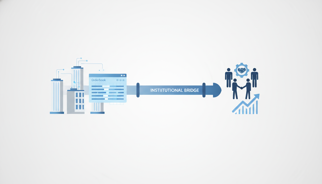 office building columns connecting to digital orderbook  institutional bridge  geometric pipeline
