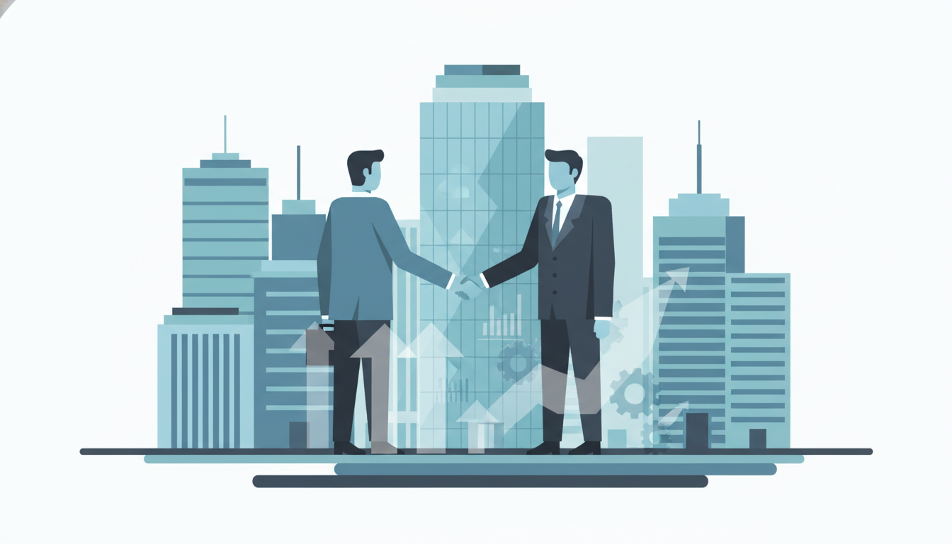 two business figures shaking hands korean skyline glass office tower