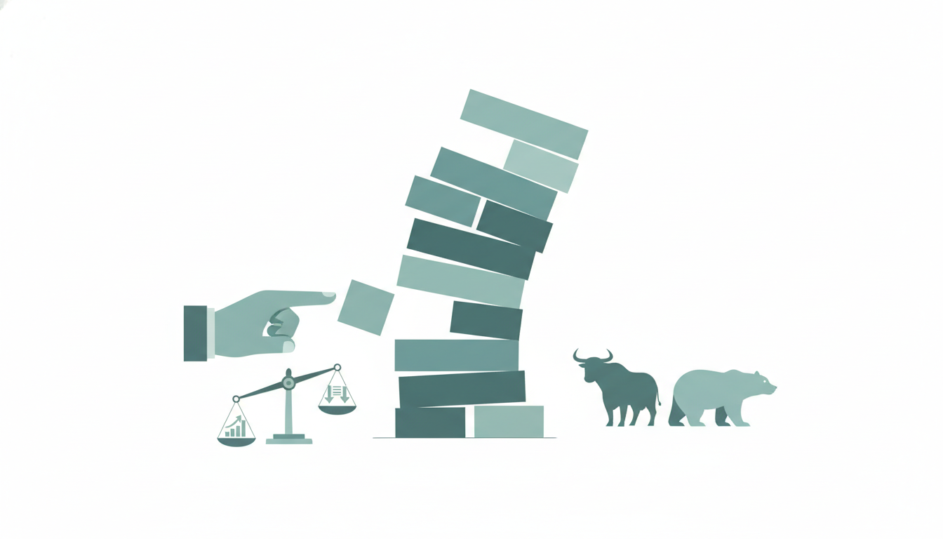 large pile of blocks with one small block removed hand reaching toward stack scale tipping slightly