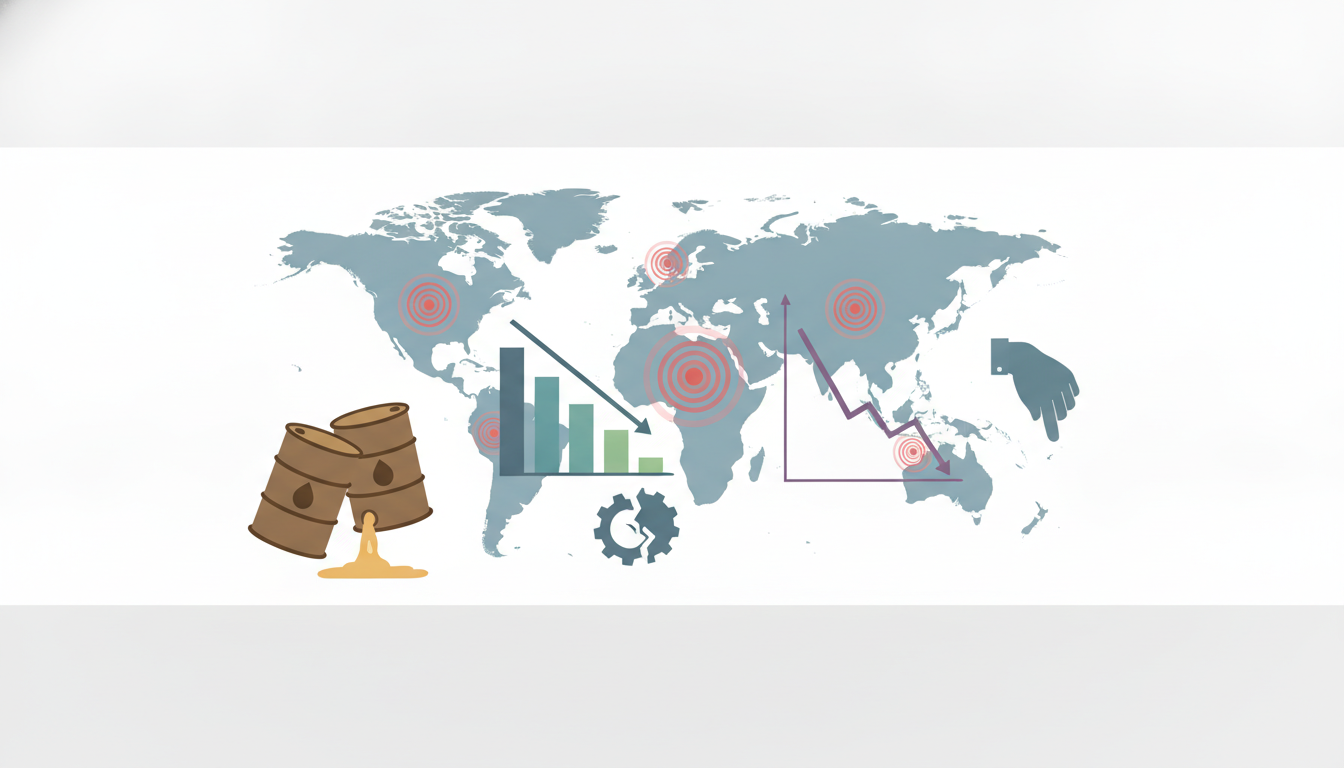 world map with pressure points  oil barrels tipping  descending bar chart