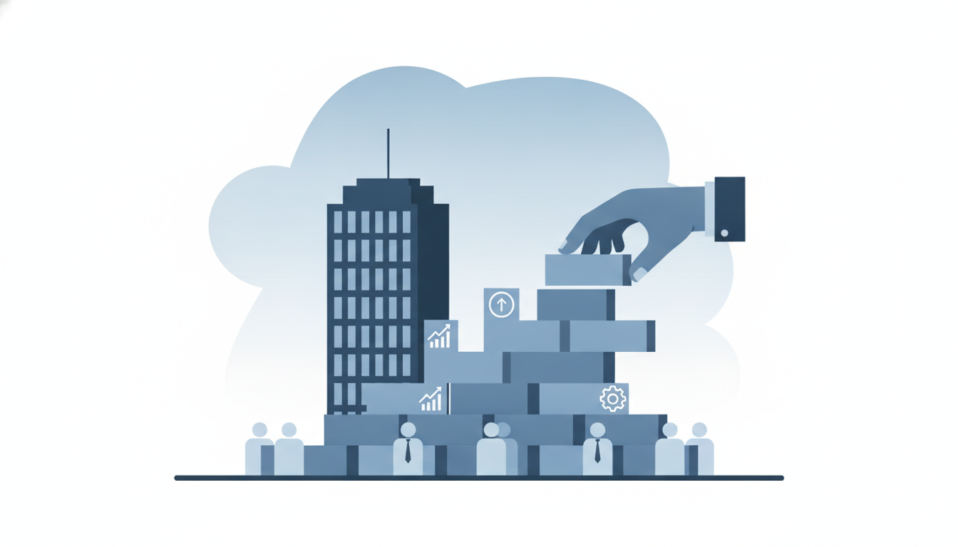 office building silhouette hand stacking blocks onto large pile corporate accumulation