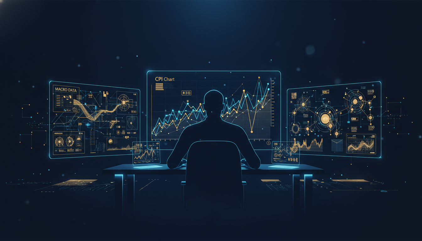 trader analyzing screens  macro data dashboard  CPI chart