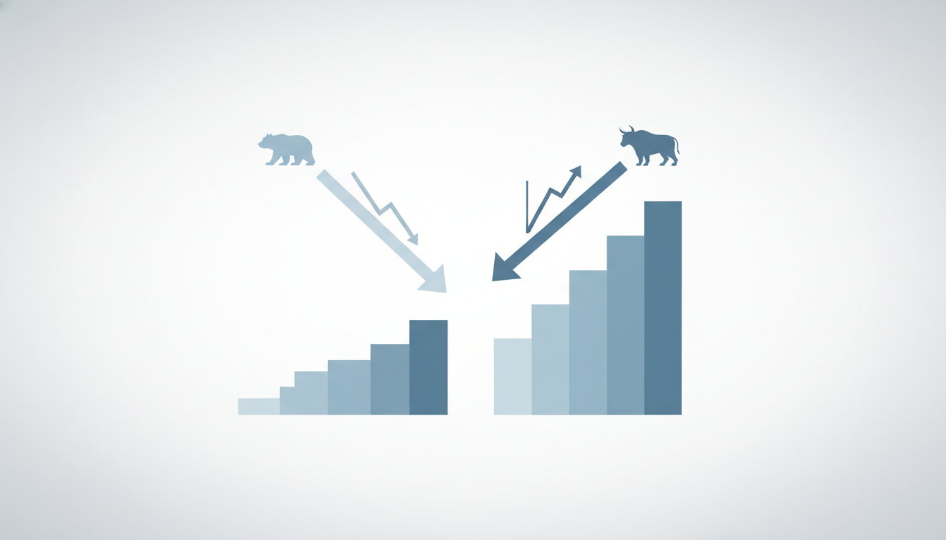 descending staircase next to ascending building  split outcome  divergent arrows