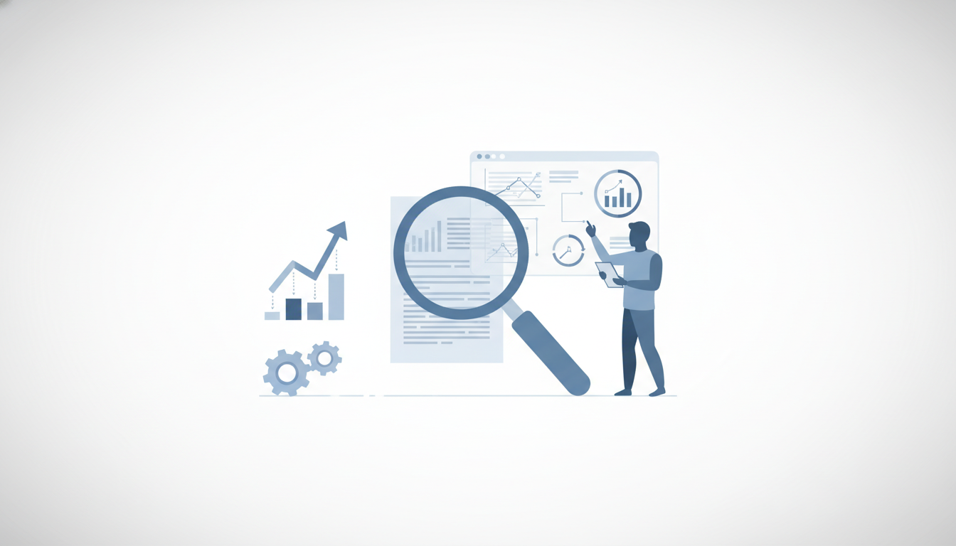 magnifying glass over document  observer figure examining panel  dashboard inspection
