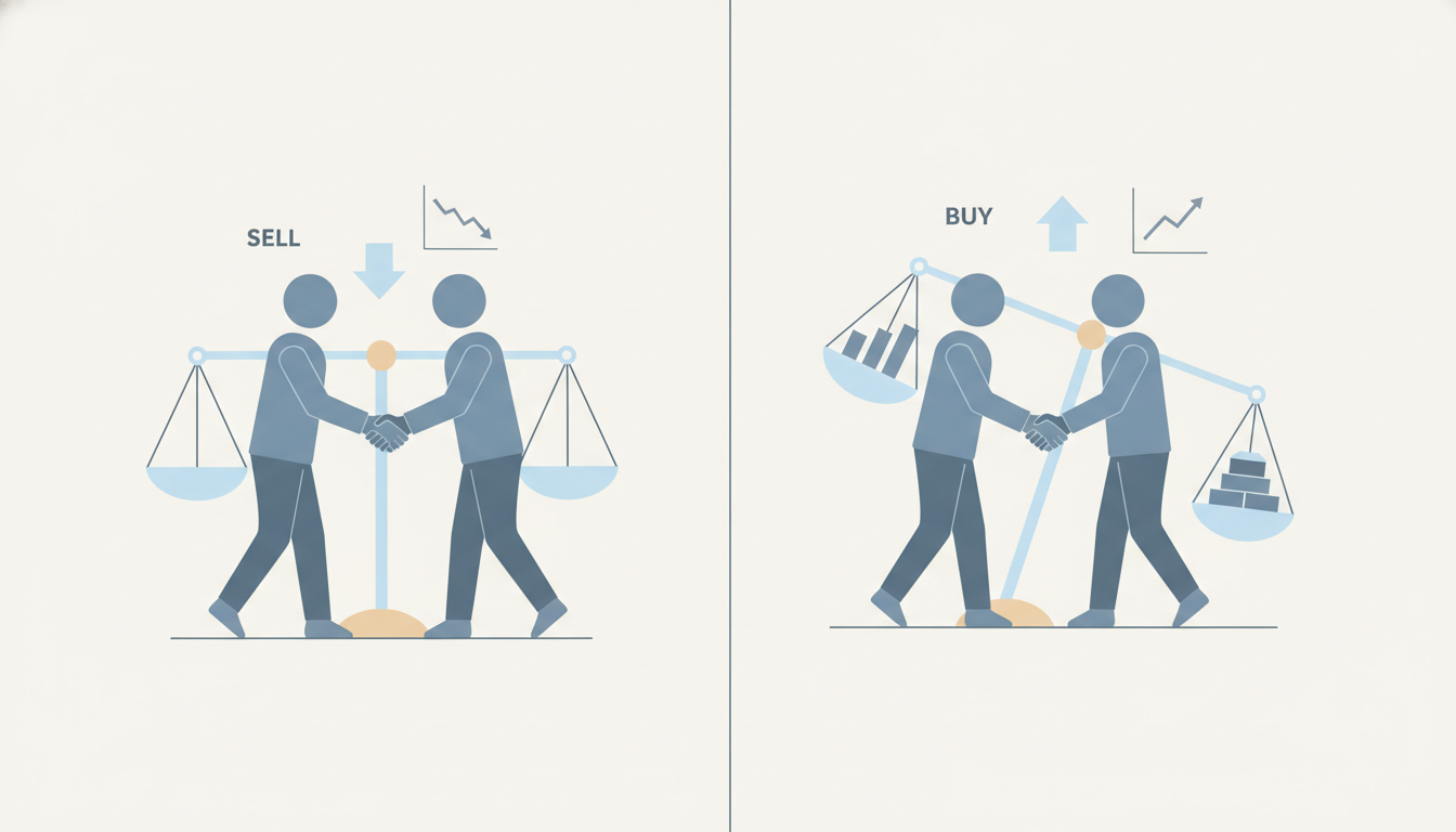 two facing figures shaking hands split panel comparison scale weighing options
