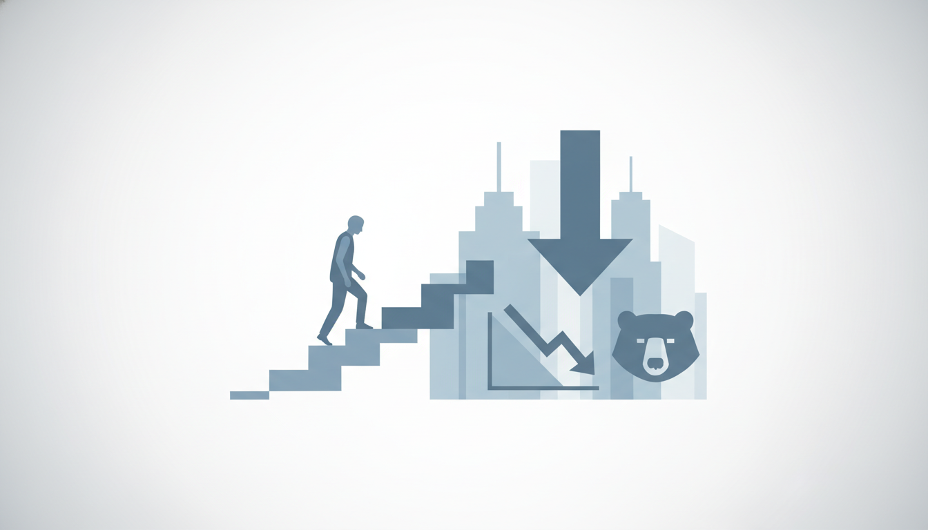 descending staircase made of blocks figure walking down steps downward arrow over building skyline