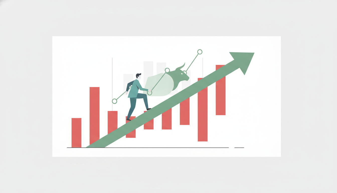single green arrow rising among red descending bars  divergent paths  lone figure climbing