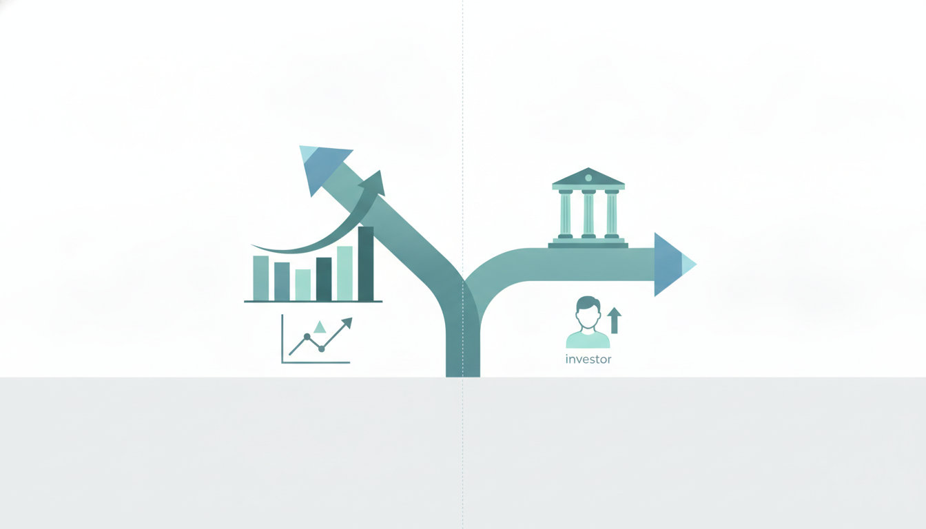 two arrows diverging upward and sideways  valuation gap  split chart panel