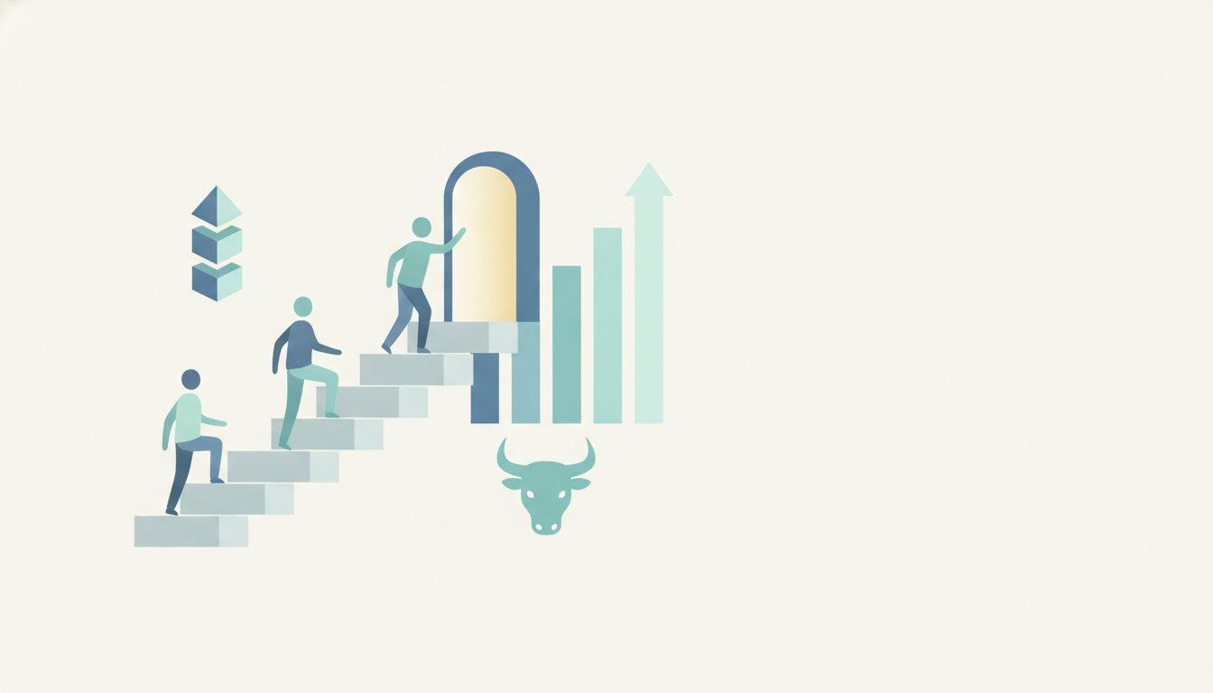 ascending staircase with three figures climbing upward bar chart open doorway
