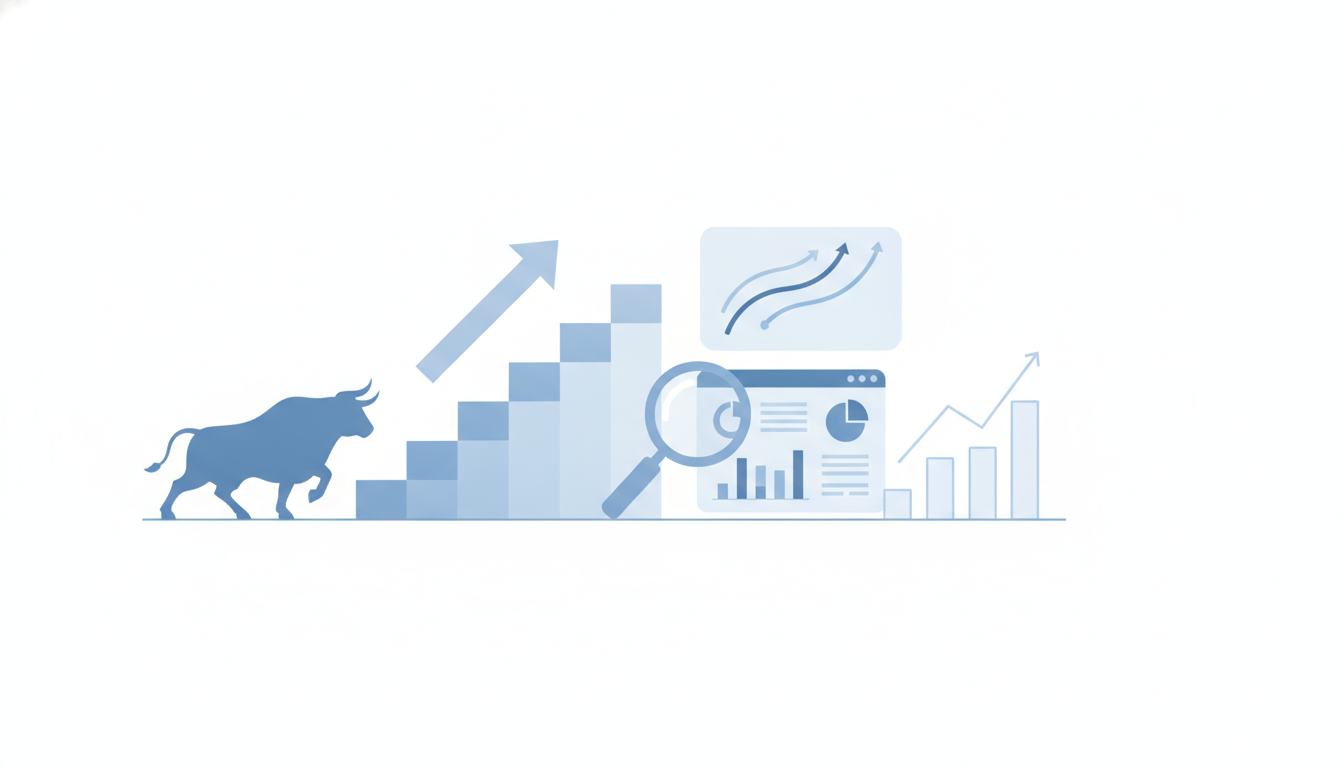 ascending staircase with upward arrow two diverging asset lines on panel magnifying glass over dashboard