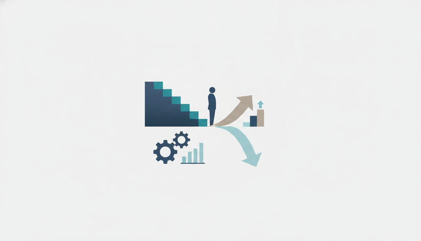 downward staircase shape  two diverging arrows  figure at regulatory crossroads