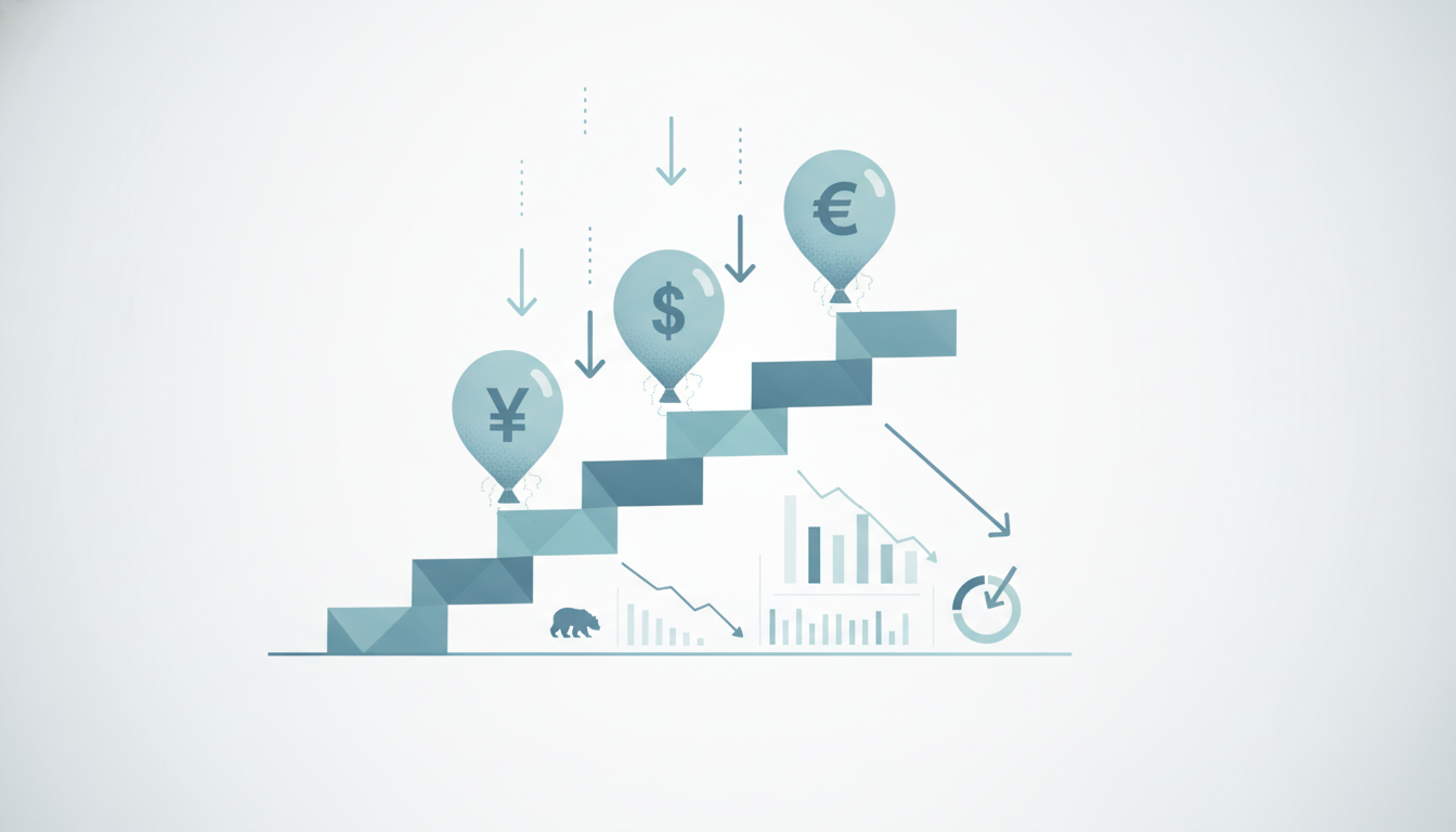 descending staircase with three currency symbols deflating shapes downward arrows over financial dashboard