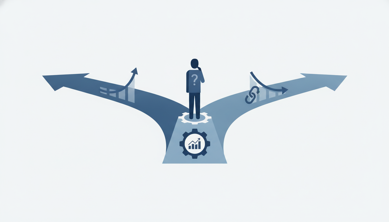two diverging arrows  fork in road  observer figure at market crossroads