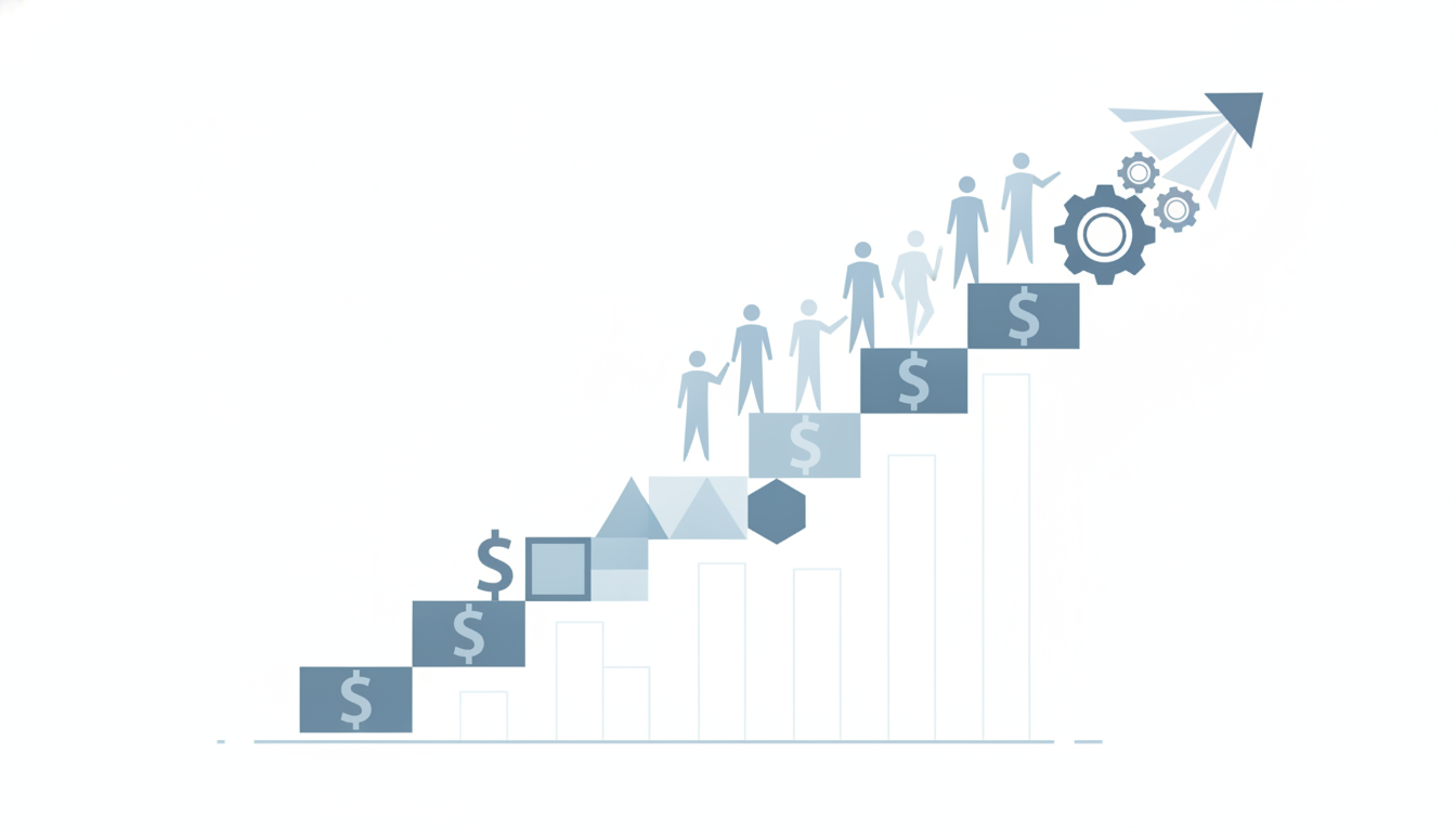 ascending staircase of dollar signs converting to geometric shapes systematic accumulation steps upward progression diagram