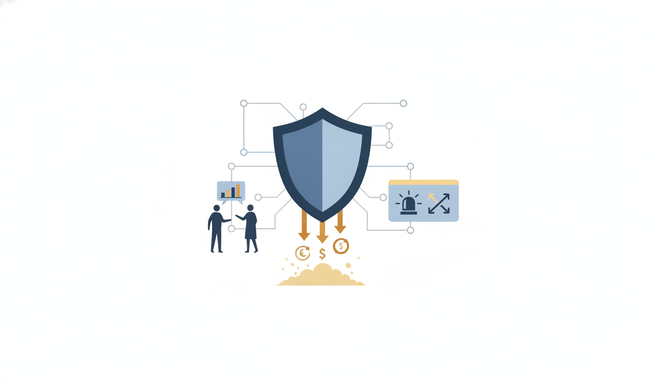 warning shield over network diagram funds draining downward security alert panel