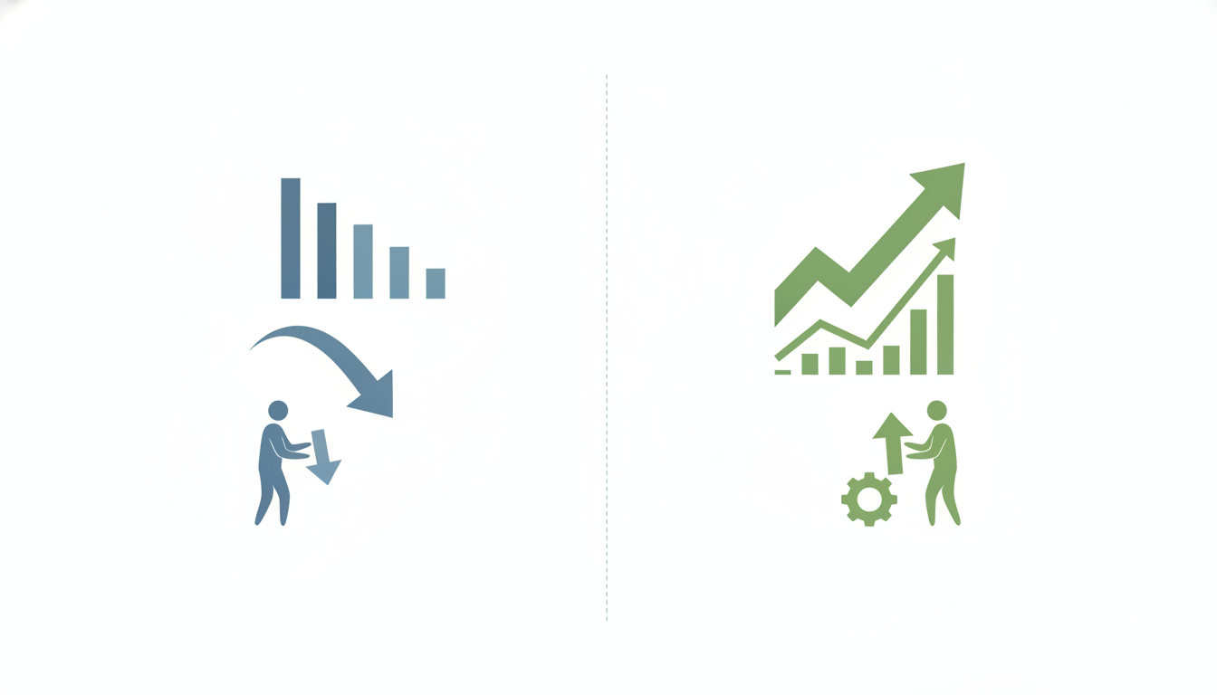 descending bar chart beside upward institutional arrow  split panel contrast  two diverging paths