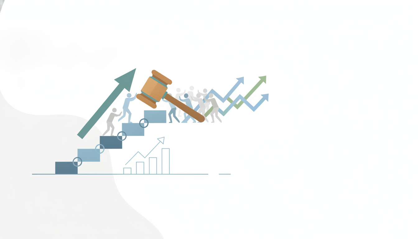 ascending steps  upward arrow alongside courtroom gavel  growth facing obstacle