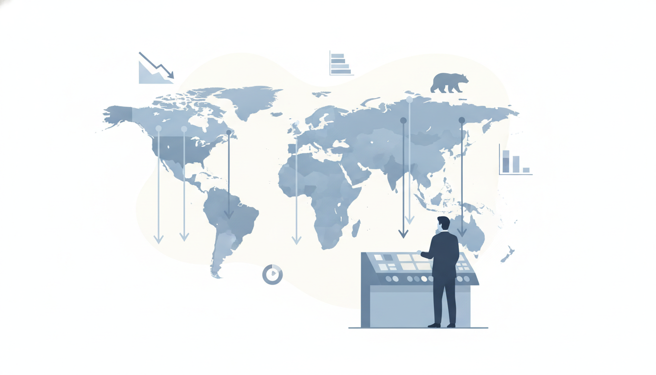 global market dashboard  descending arrows across regions  observer figure at control panel