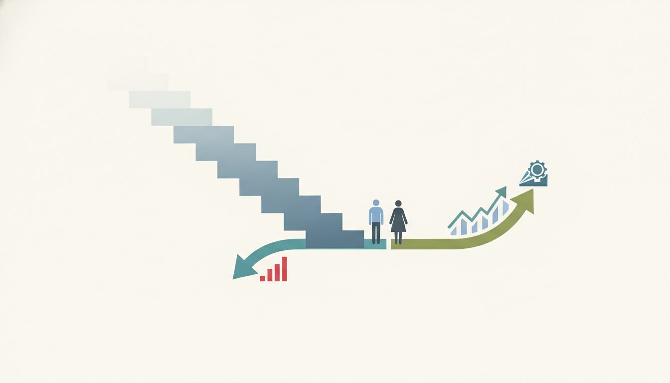 downward staircase shape  figures at fork in path  two diverging arrows
