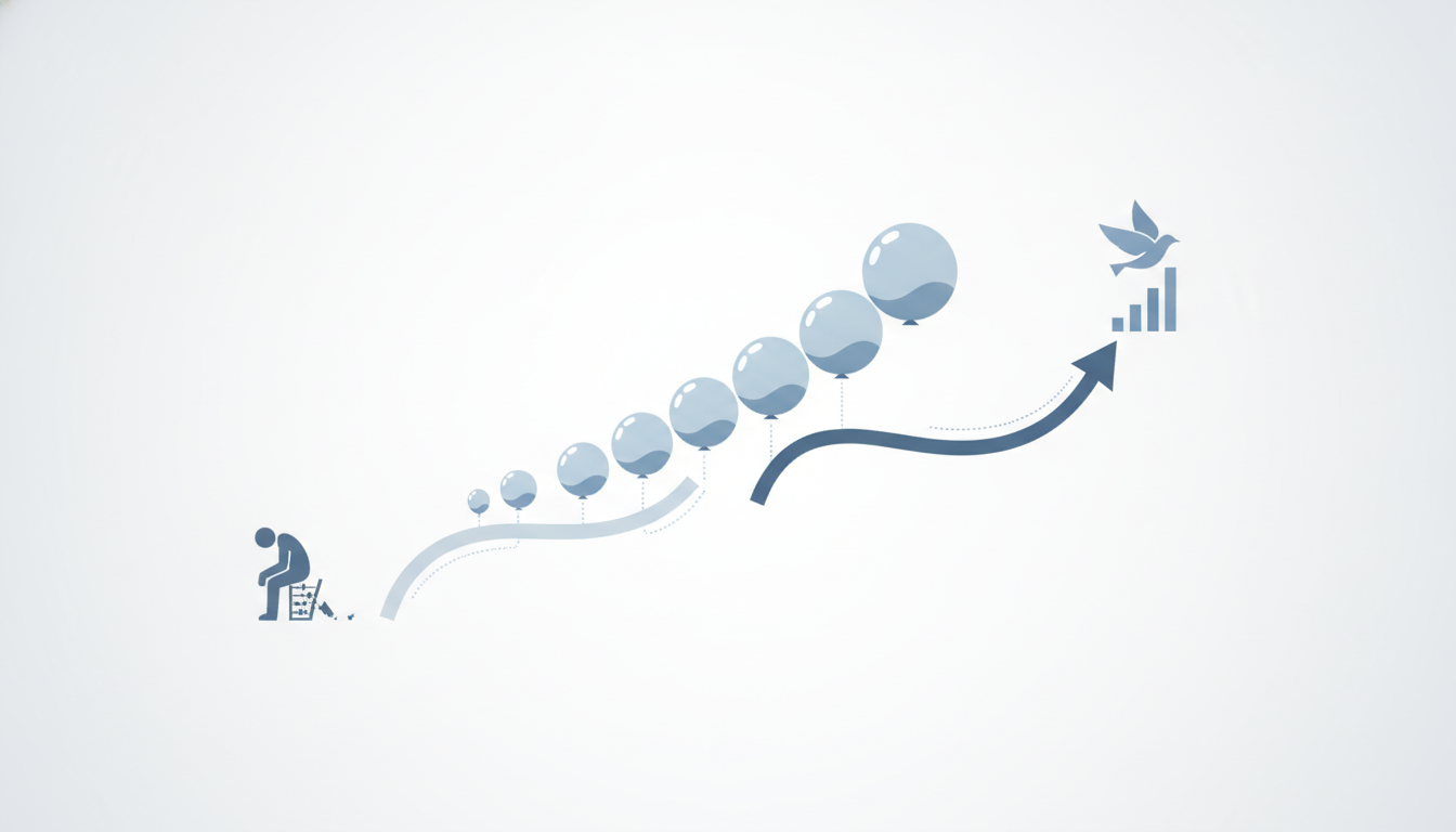 descending staircase graph  deflating corporate bubble  two diverging business paths