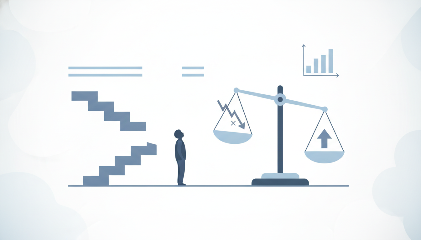 descending staircase shape with figure looking upward  gap between two horizontal lines  balance scale tilting