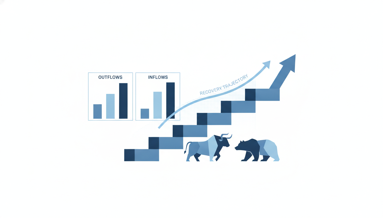 ascending steps with upward arrow  two bar charts side by side comparing outflows to inflows  recovery trajectory