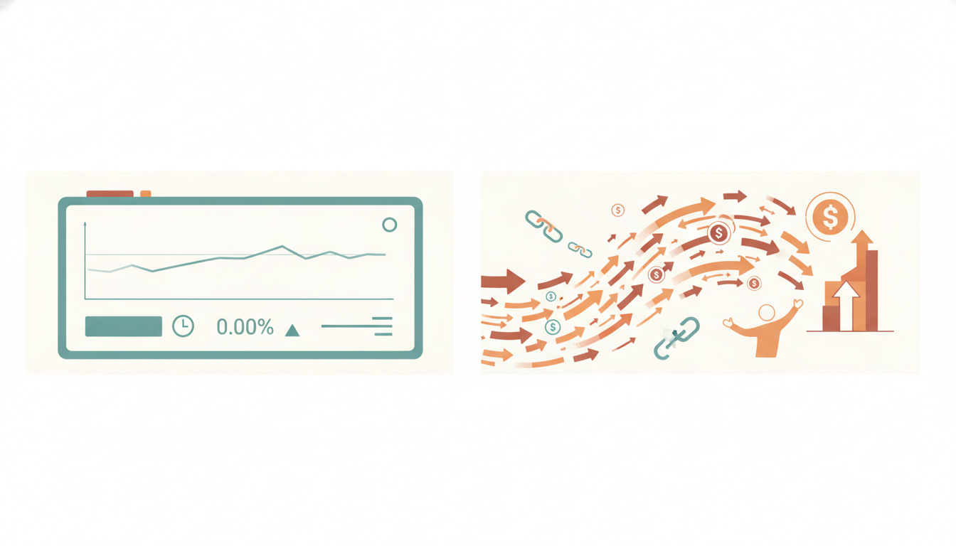 split panel showing calm price dashboard on one side and surging payment flow arrows on the other financial contrast tokenized dollar movement