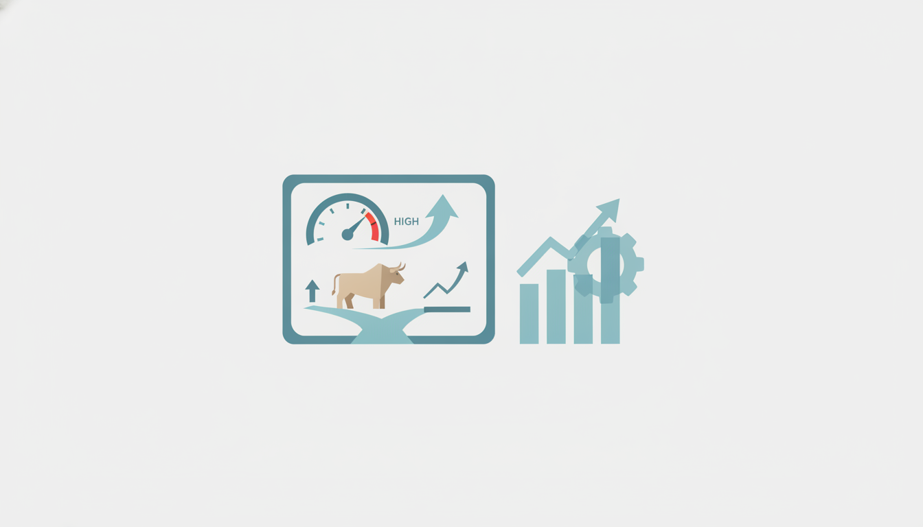 funding rate dashboard panel upward arrow beside pressure gauge bull figure at crossroads