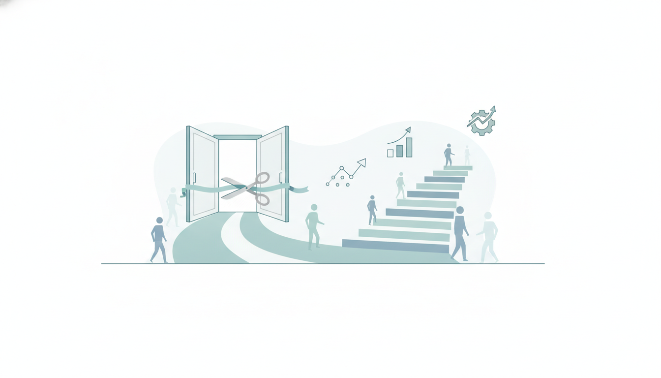 open doors with two paths converging  ribbon cutting  ascending steps
