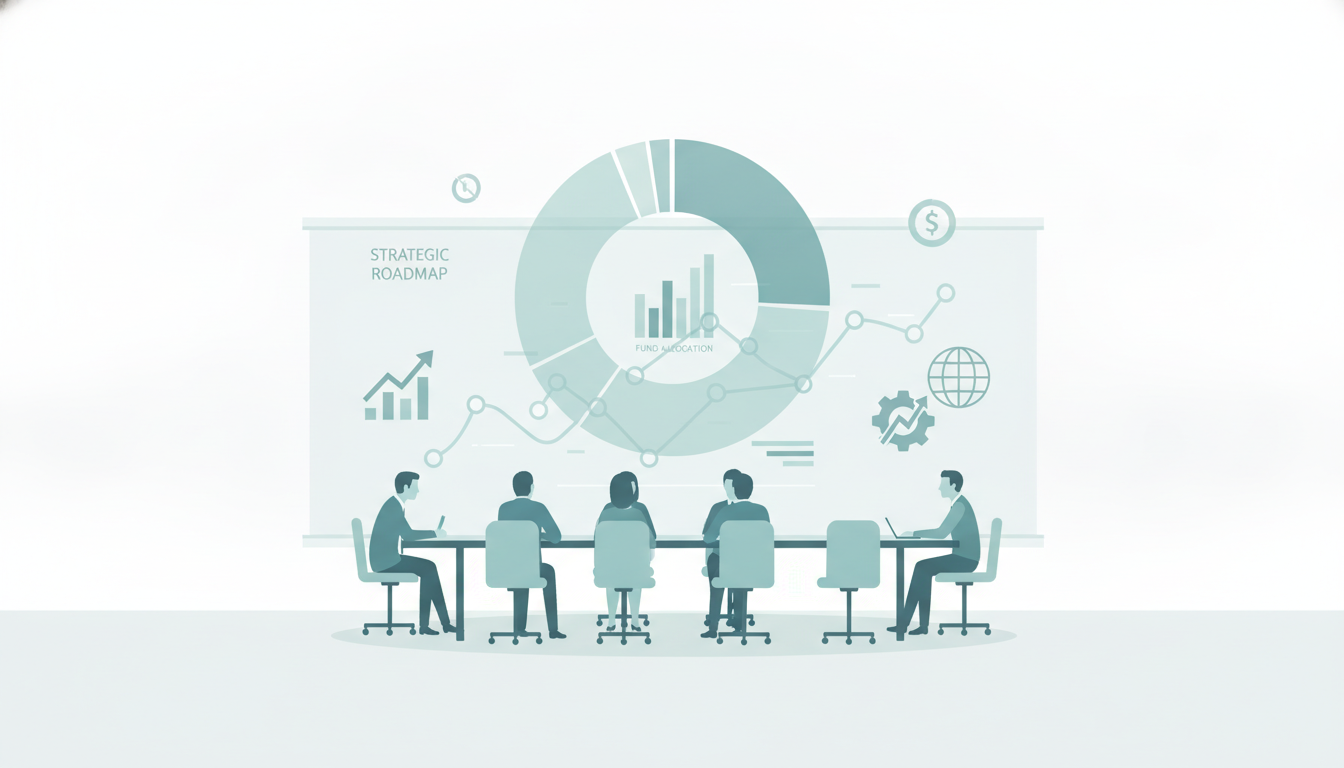 venture capital boardroom  large fund allocation chart  figures reviewing strategic roadmap