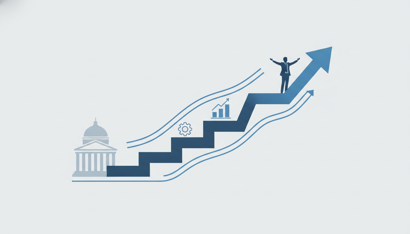 ascending steps with federal building silhouette upward arrow regulated pathway