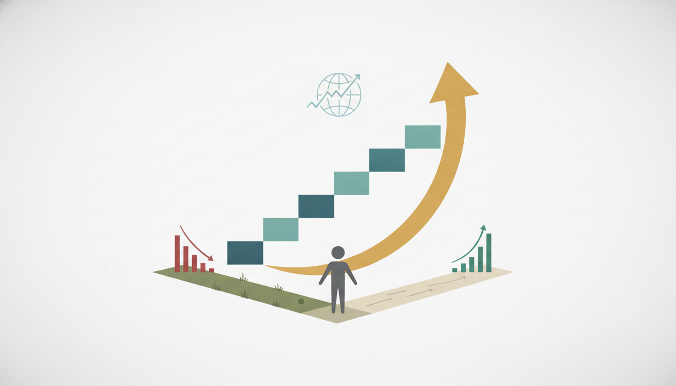 downward staircase shape with upward arrow emerging two diverging paths figure at market crossroads