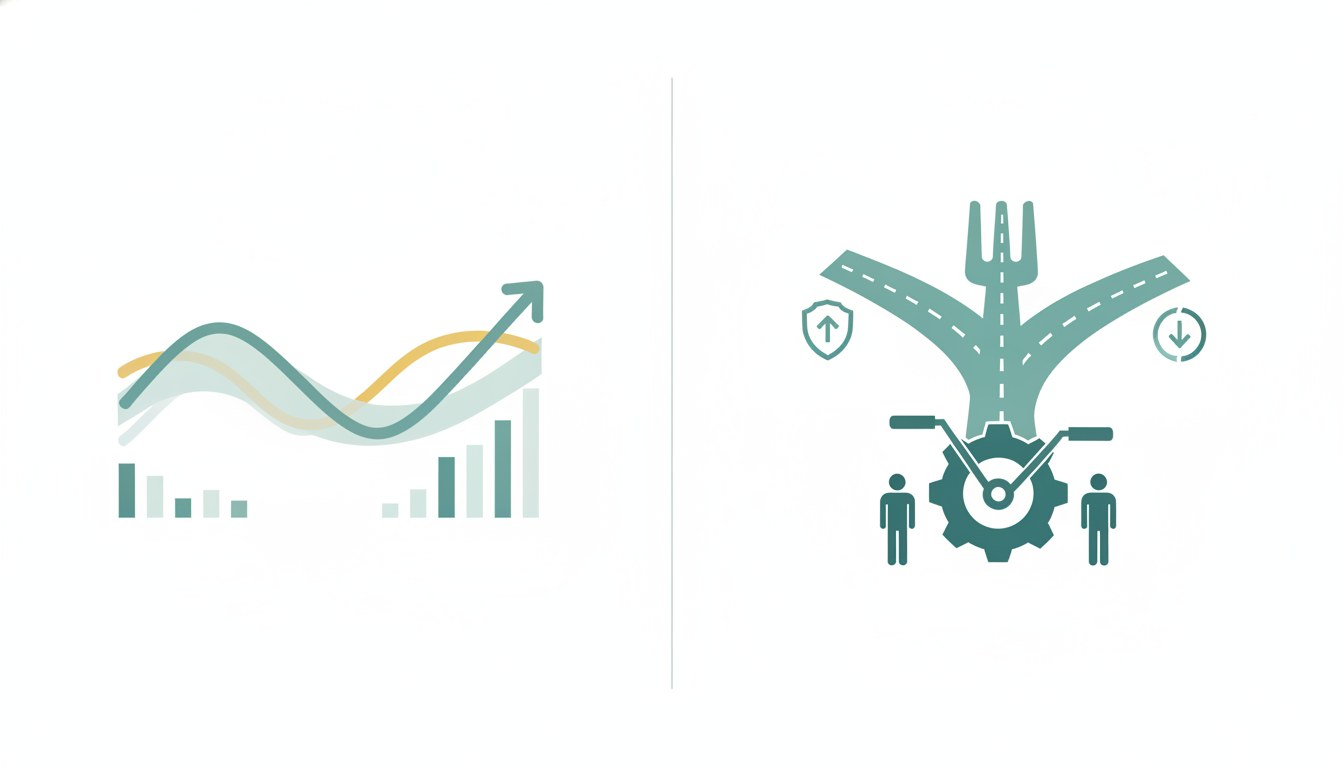 split panel showing stable price chart versus fork in road