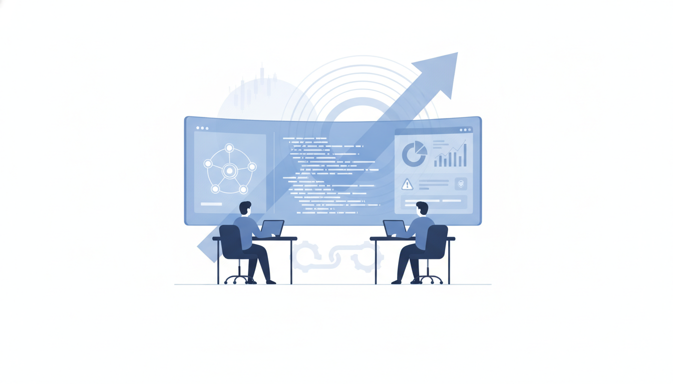 security audit figures reviewing code on large screen