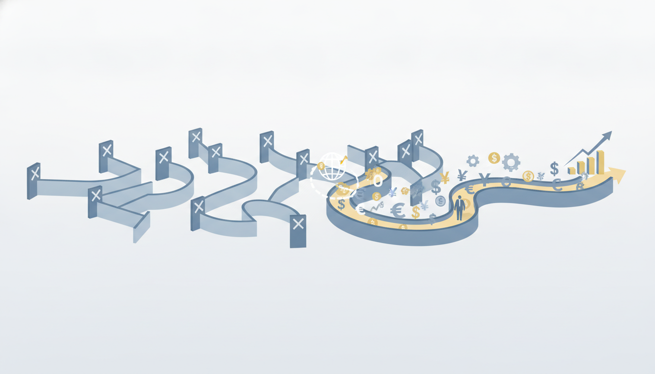 money flowing through maze of corridors