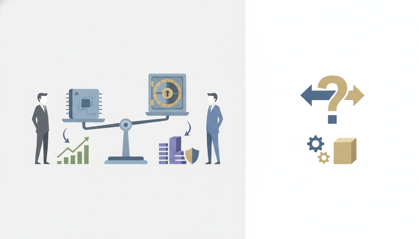 two facing figures weighing hardware device against institutional vault